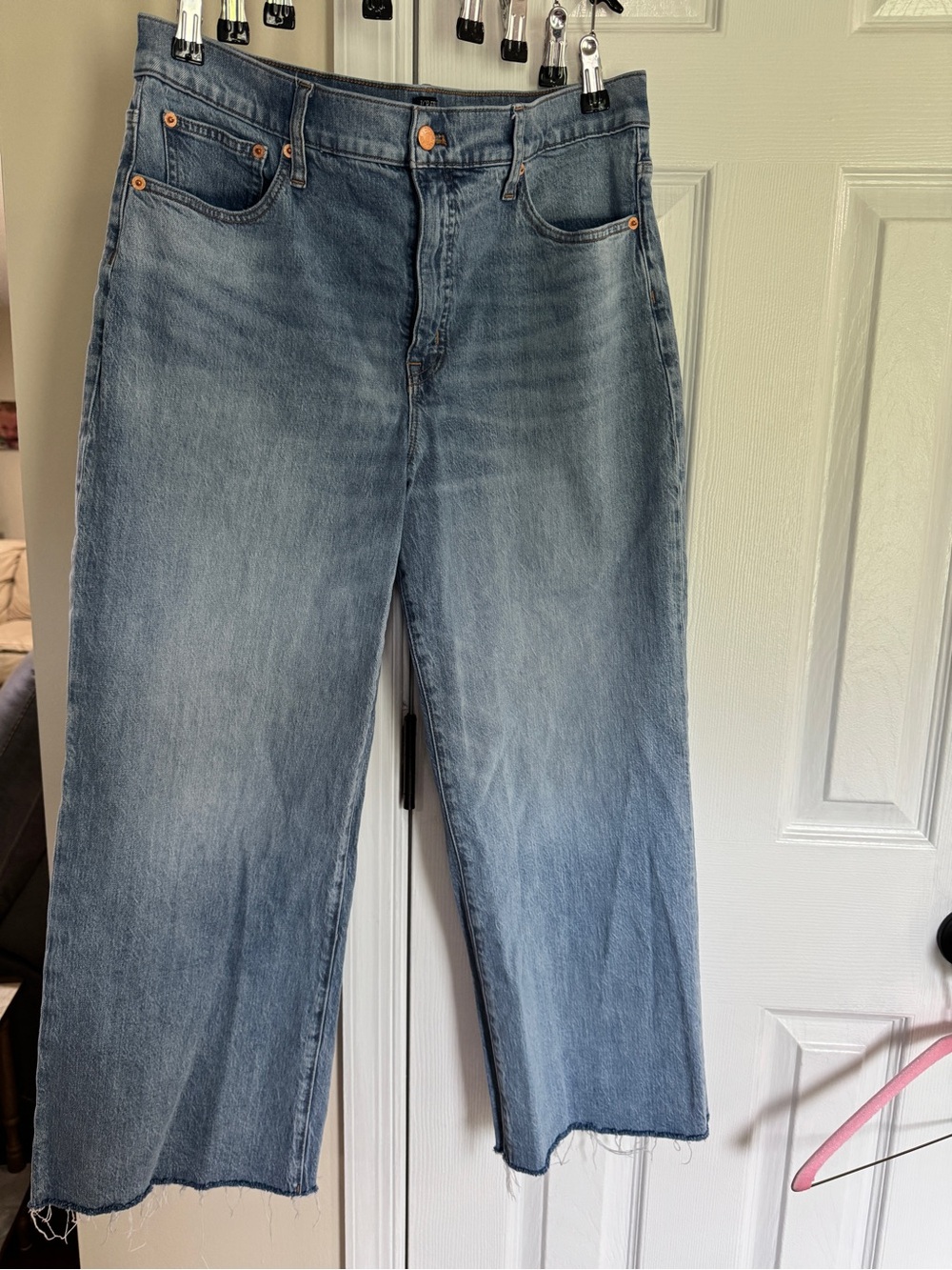 J. Crew Wide Leg Crop Jeans Light Blue Women’s 31 Cotton All Day Stretch Raw Hem